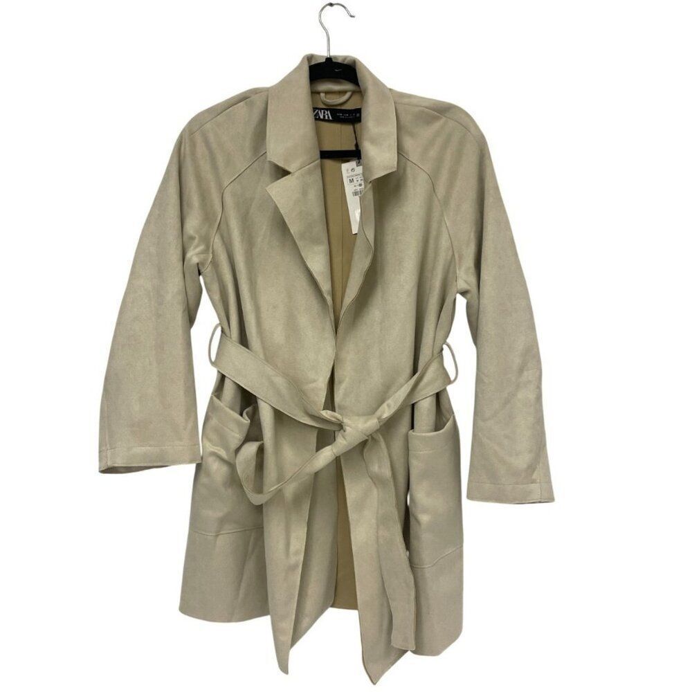 Zara Womens Jacket M Beige Faux Suede Soft Stretch Removable belt 3046/120 NWT